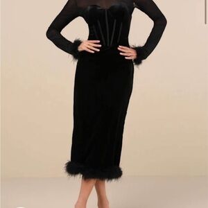 Lulus Black Velvet Feather Midi Dress